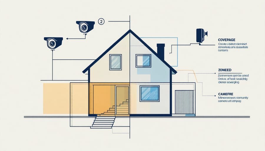 Smart home security layout showing a video doorbell, entryway, and camera coverage around a house
