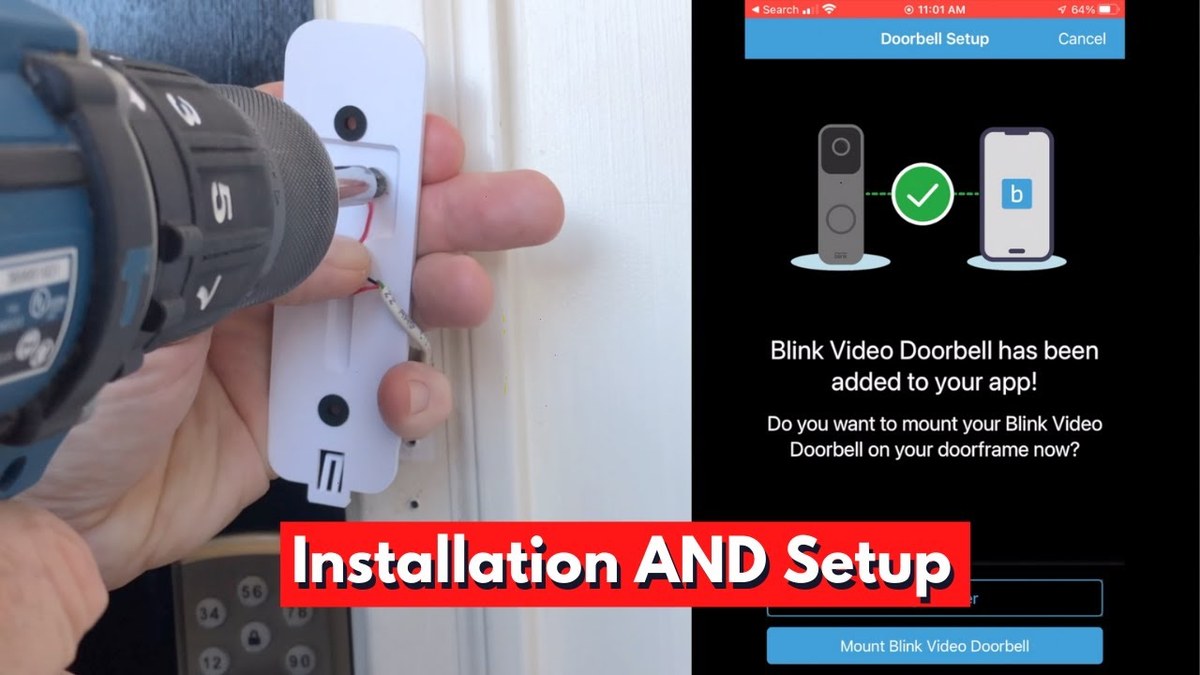 Person checking a Blink video doorbell against the door frame before drilling holes