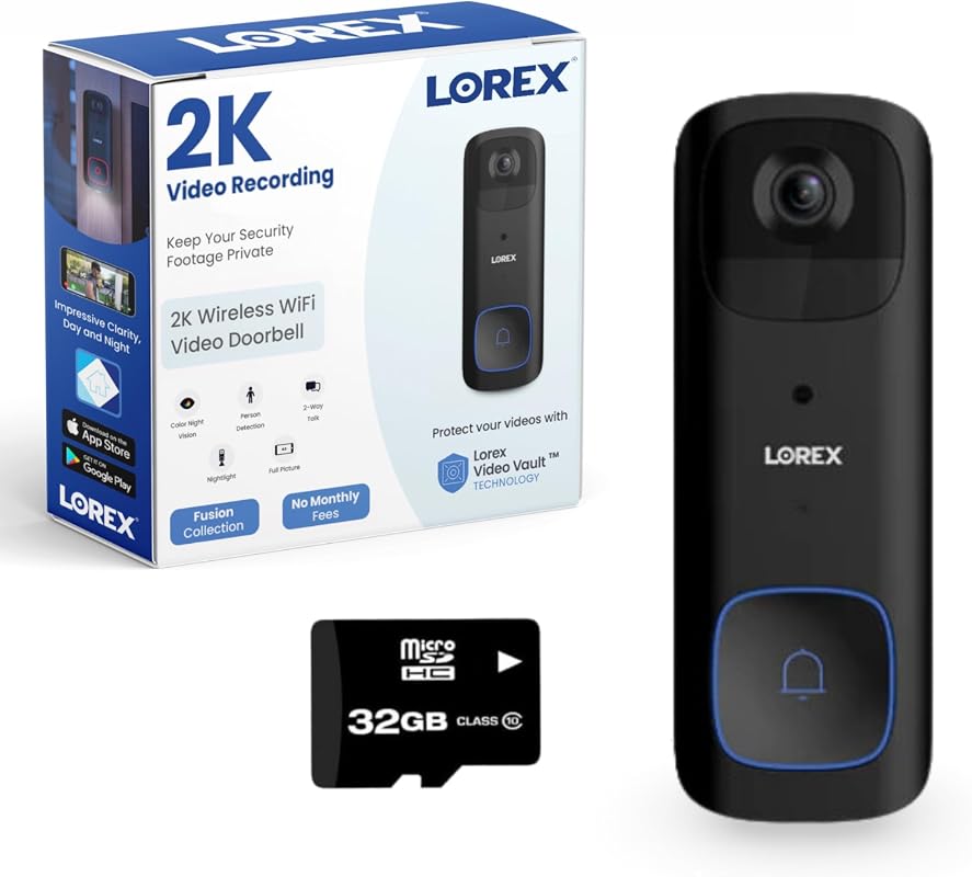 Lorex 2K Wireless WiFi Smart Video Doorbell Camera, No Subscription, 32GB MicroSD, Battery-Powered