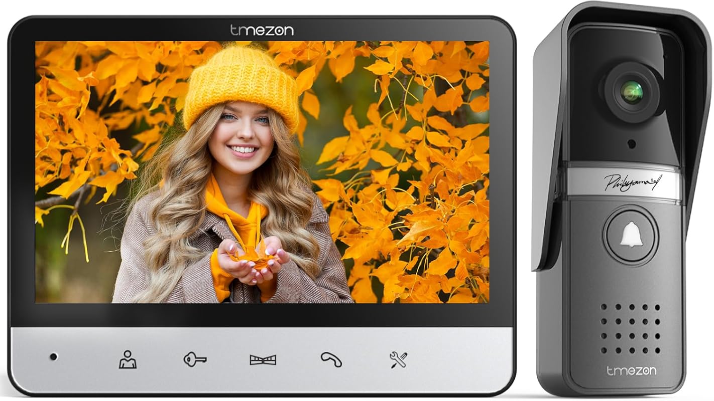 TMEZON 7-Inch Wired Video Intercom Doorbell Camera System, HD Monitor, Unlock, Two-Way Audio