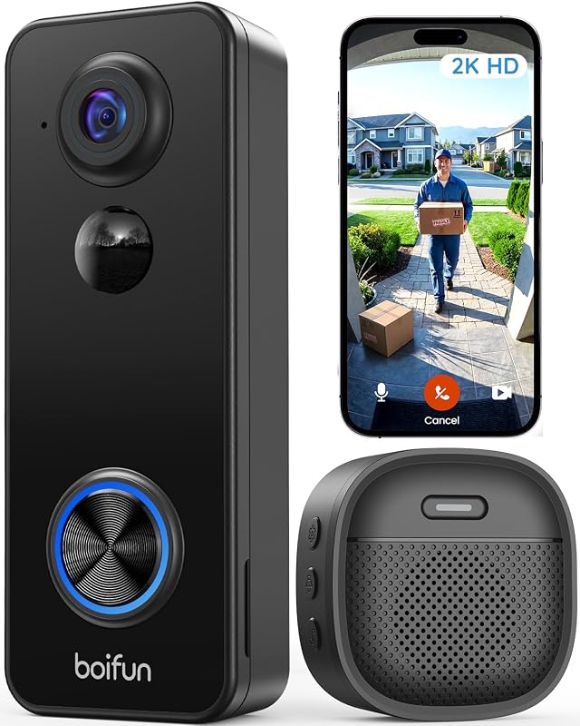 BOIFUN Wireless Video Doorbell Camera, 180° wide view, 2K, no subscription