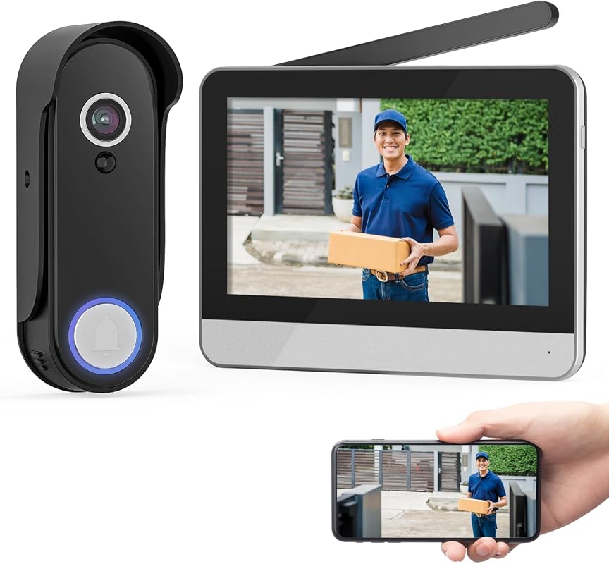 Wireless Smart Video Doorbell System with 7-inch touchscreen monitor, 1080P camera, motion detection, and two-way audio