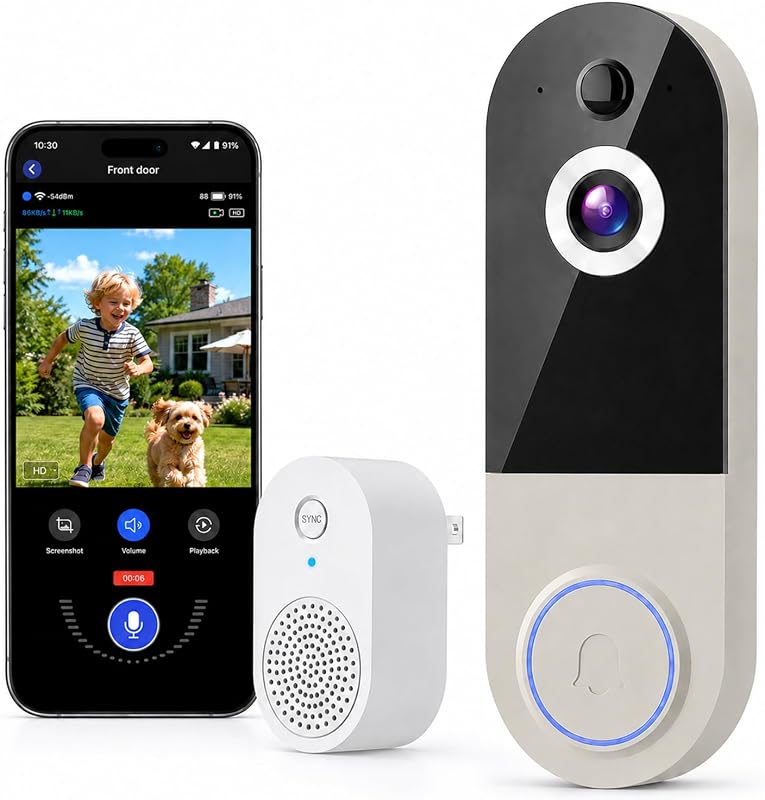 Wireless Video Doorbell Camera with Receiver, 720P Battery-Powered Smart Doorbell