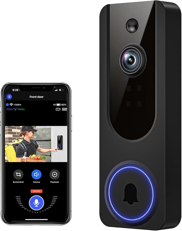 1080p WiFi Video Doorbell Camera, battery powered, AI detection, two-way talk, night vision