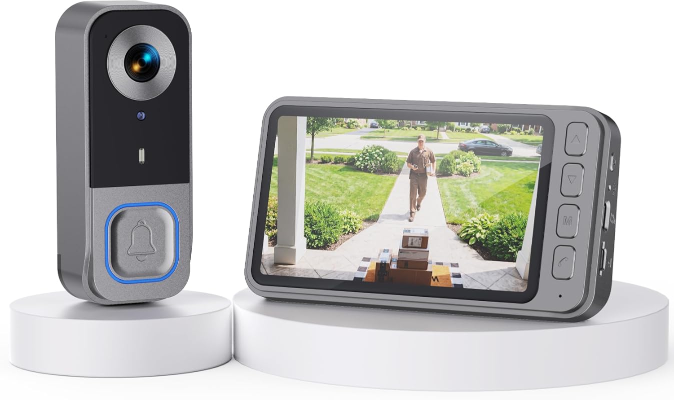 Wireless video doorbell camera with monitor, no subscription, no Wi-Fi or app required, and a 4.5-inch monitor