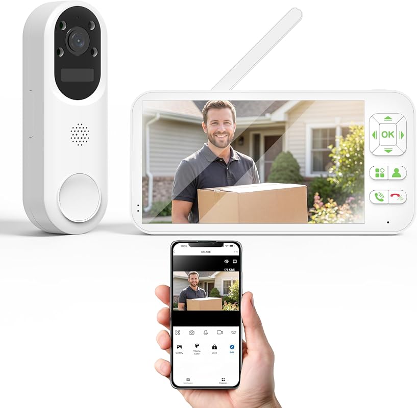 Wisdom wireless video doorbell camera with 5-inch indoor monitor, 1080P, night vision, and two-way audio