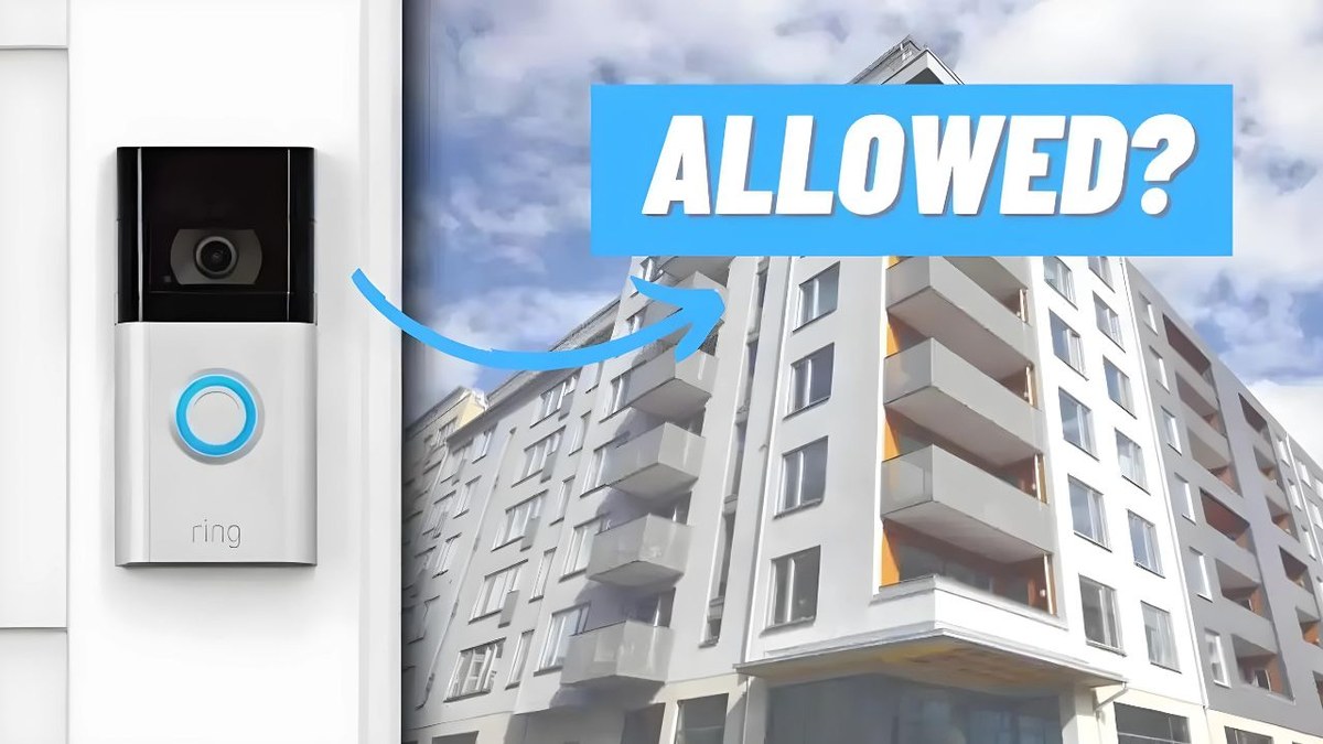 Ring video doorbell mounted beside an apartment door, showing a renter-friendly installation setup