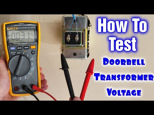 U.S. home doorbell transformer with voltage labels and a multimeter checking existing doorbell voltage