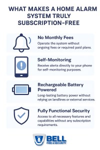 Diagram showing sensors, siren, and smartphone alerts in a subscription-free alarm system.