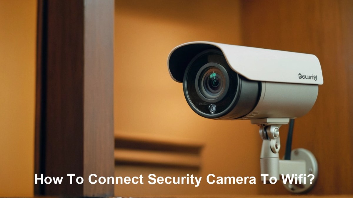 A white home security camera mounted indoors with a Wi-Fi icon and a padlock symbol on screen.