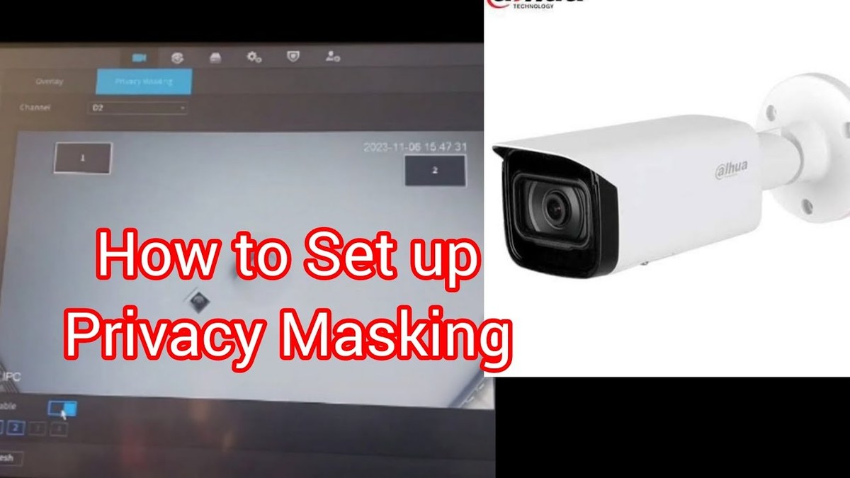 Diagram showing privacy zones, motion masking, and audio toggle options on a security camera app interface.
