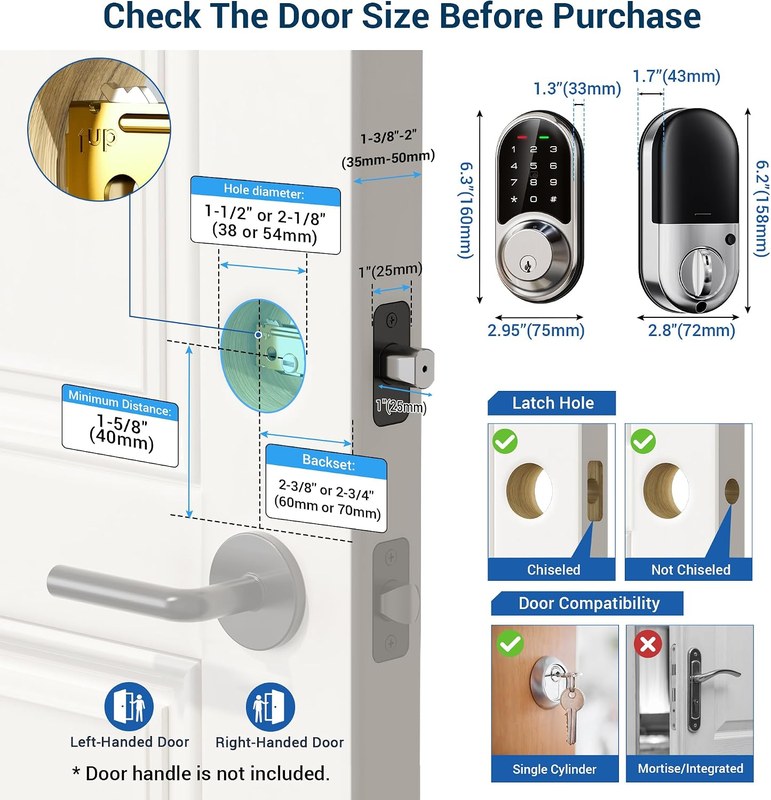 Diagram of a door edge showing measurements for thickness and deadbolt hole placement for smart lock fit.