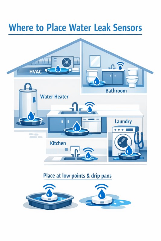 Water leak sensor with adhesive backing mounted on floor near washing machine, renter-friendly installation without drilling.